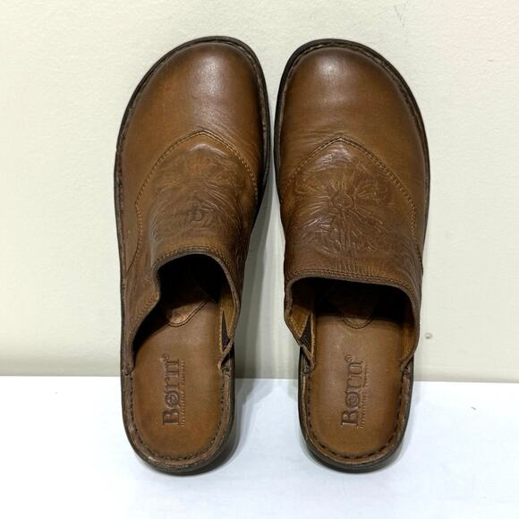 Born Women's Brown Soft Finished Tooled Leather Slip On Mules Size 7 - Picture 7 of 11